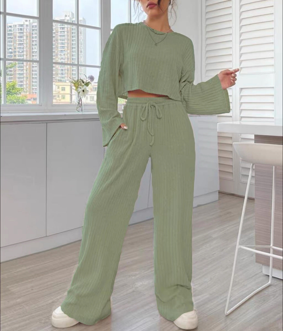 Home wear knitted long-sleeved women's suit 4color