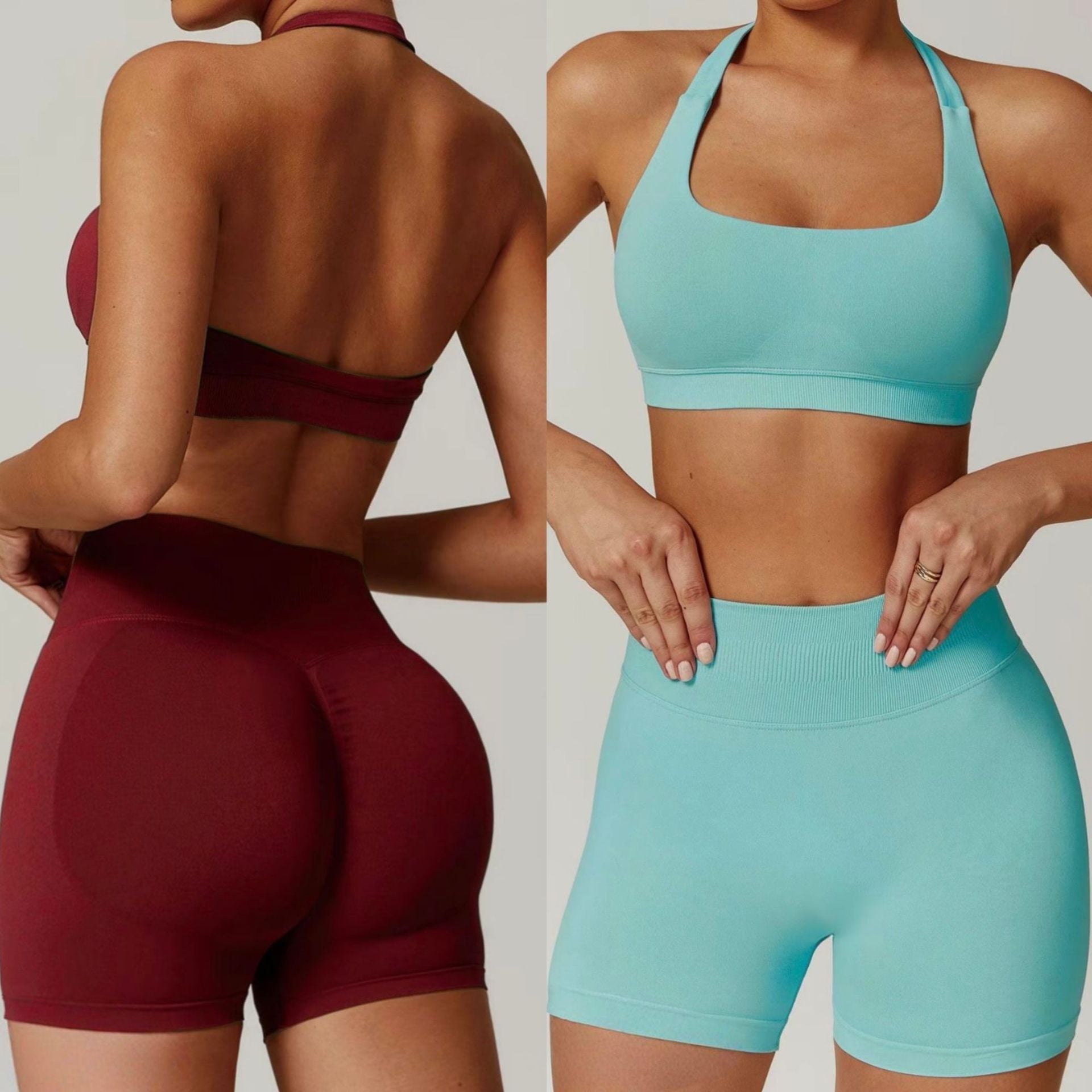 Women Halter Neck High Waist Yoga Tracksuit Slim Fitness Shorts Set