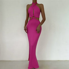 Stylish patchwork halter halter halter dress 3 colors