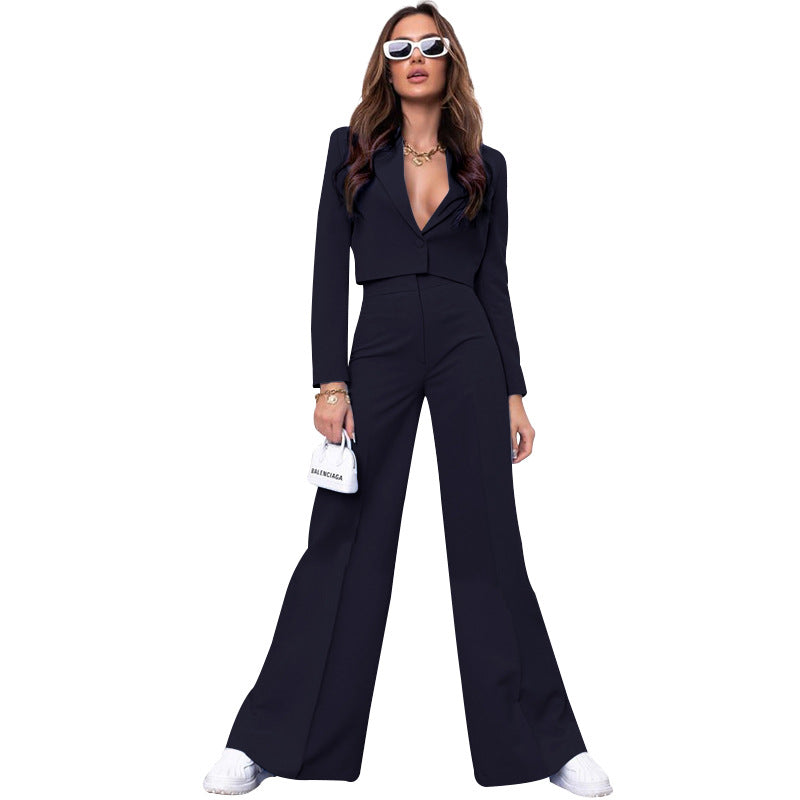 Solid color short long sleeve small suit fashion high waist wide leg pant suit 211290