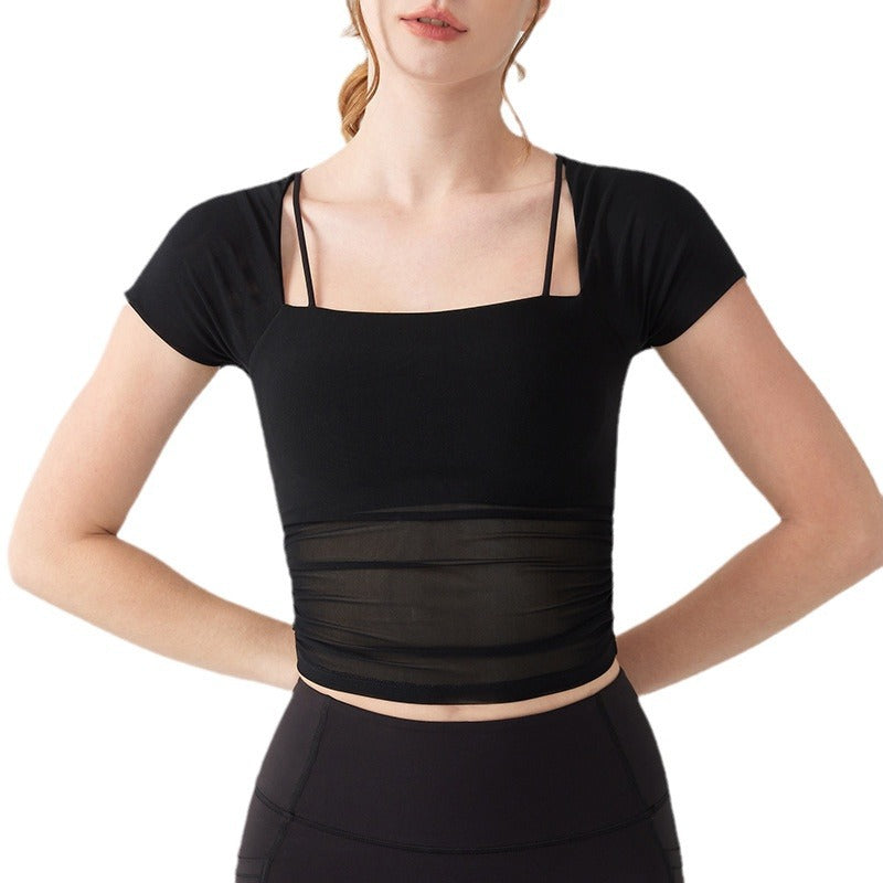 Mock Two-Piece Mesh Padded Sports Bra Top, Built-in Cup Short Sleeve Yoga Fitness Tee for Women