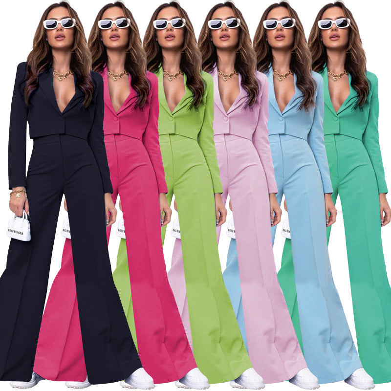 Solid color short long sleeve small suit fashion high waist wide leg pant suit 211290