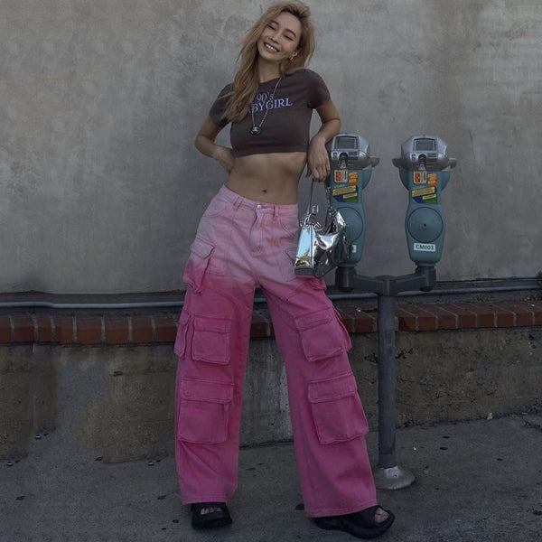 BarbieRetro gradient jeans Women's straight leg baggy multi-pocket cargo wide-leg pants