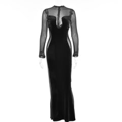 Sexy hollowed-out perspective dress autumn new hot long-sleeved round neck backless skirt 2 colors
