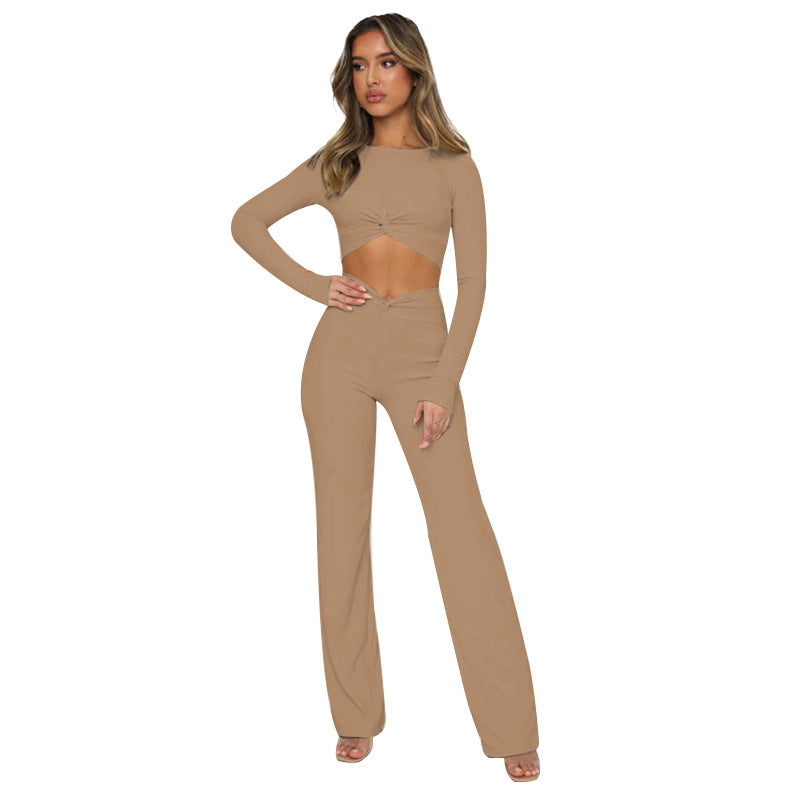 Solid color crew-neck, crop, long-sleeved pantsuit 6COLOR