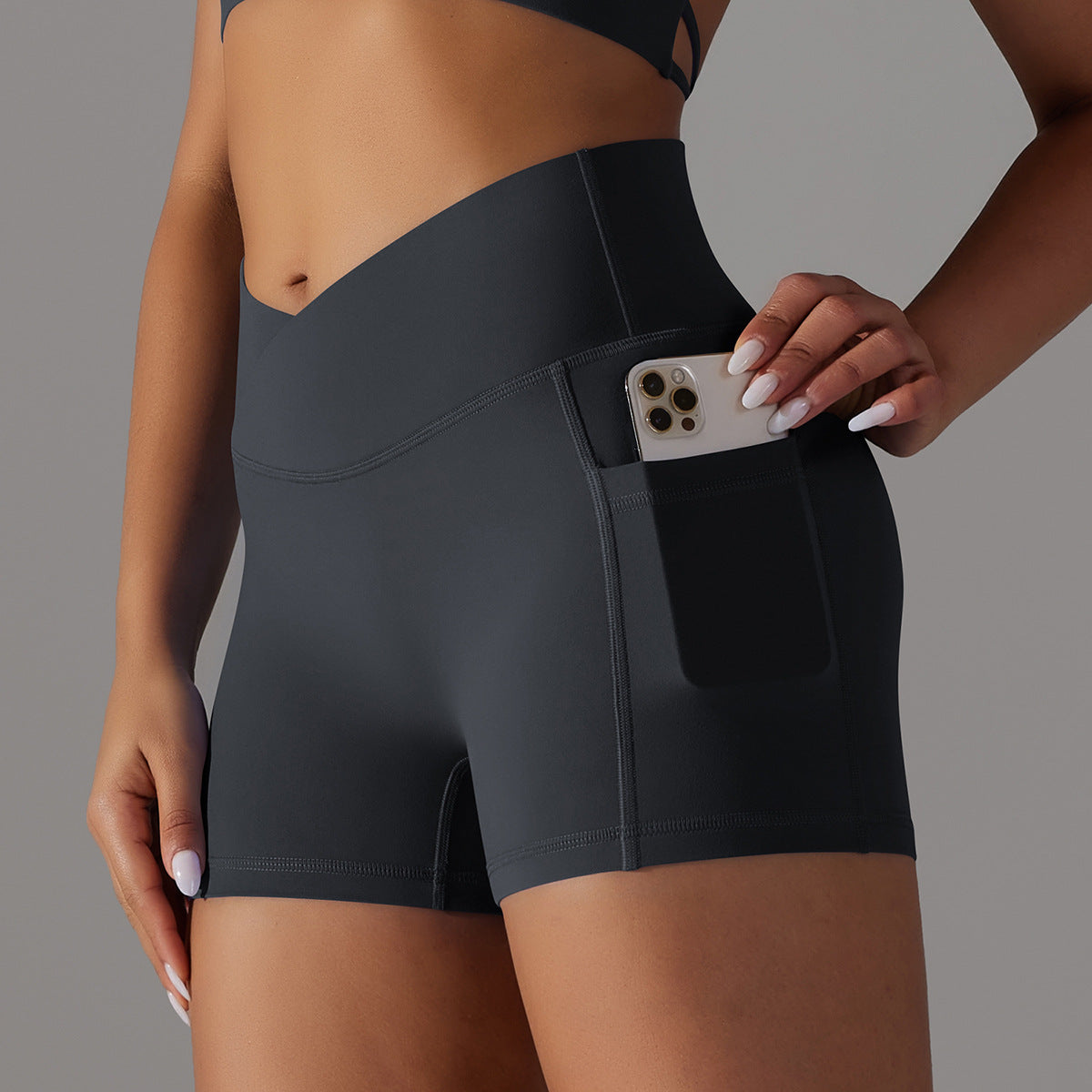 Reversible polyamide wool crossed V-waist pocket yoga shorts three-quarter pants 10colors