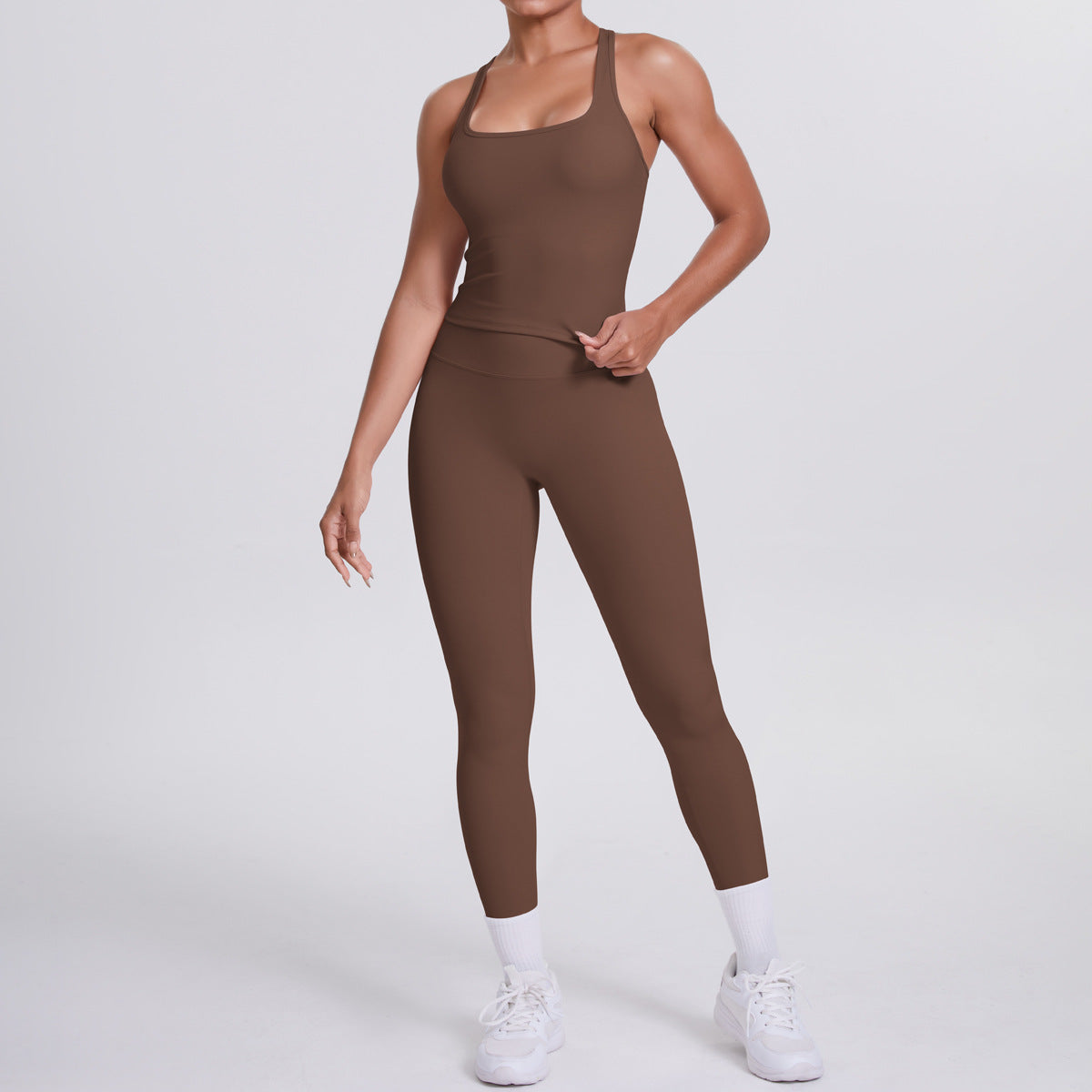 Solid Color Brushed Double-Sided Fitted Ribbed Racerback Sports Set, 2-Piece Yoga Outfit for Running & Fitness