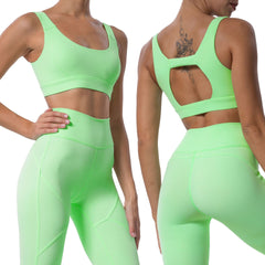 Tight solid color hollow design sports bra high waist nude fitness pants yoga suit 5 colors