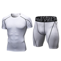 1054+1053 men's fitness suit perspiration quick-drying training short-sleeved tight running shorts sports two-piece set 14 colors