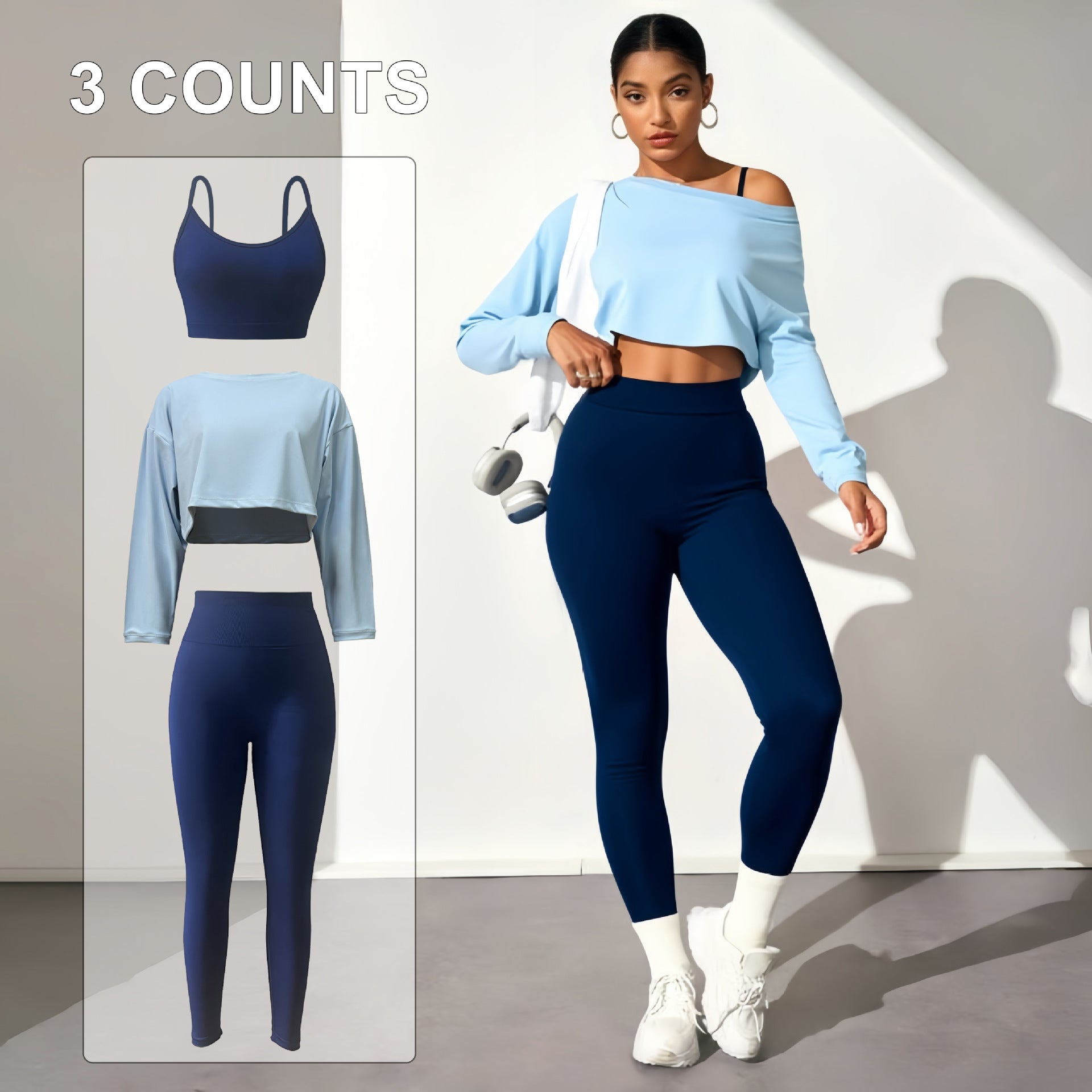 Fashion yoga 3-piece seamless bra tight pants long sleeve top women's sports yoga suit