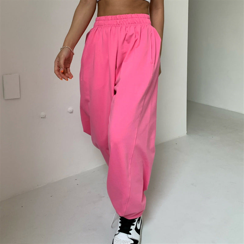 Solid color simple all-match sports casual loose slim drape wide-leg pants women's cotton 6 colors