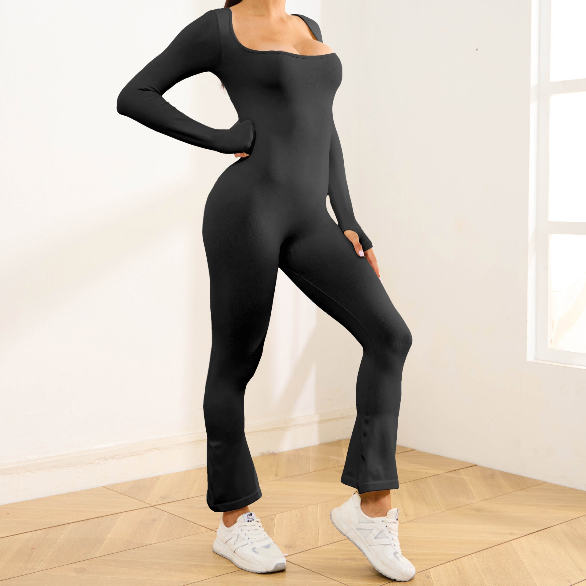 One-piece yoga suit tights long sleeve flared pants 4 colors