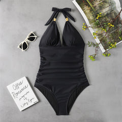 New One-piece Swimsuit Conservative Leopard Print Halter Neck Red Halter Swimsuit 5 Colors