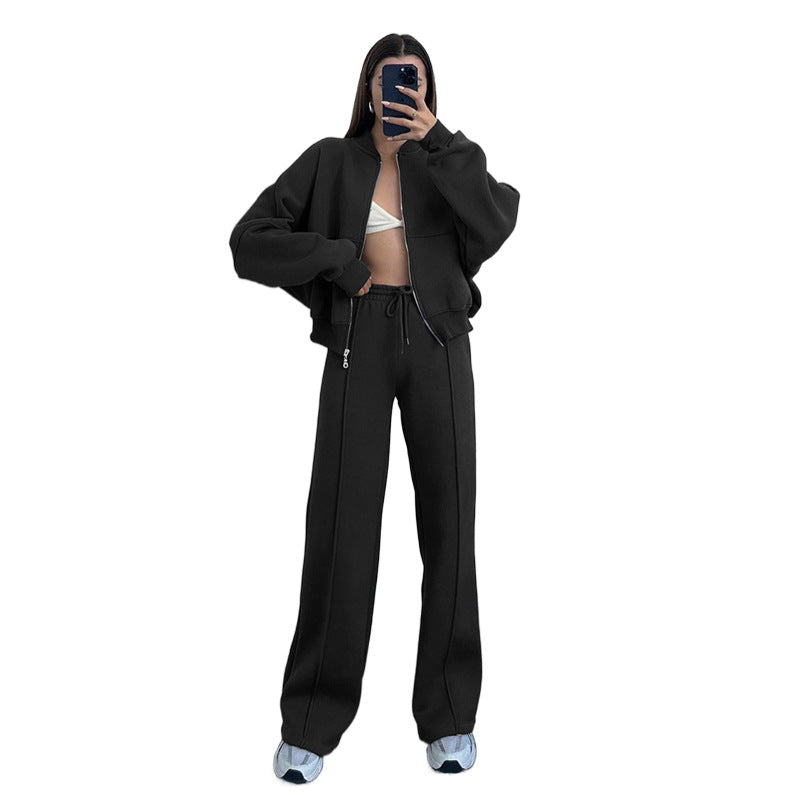211348 Solid color zip-up cardigan hoodie straight pant suit 6 colors