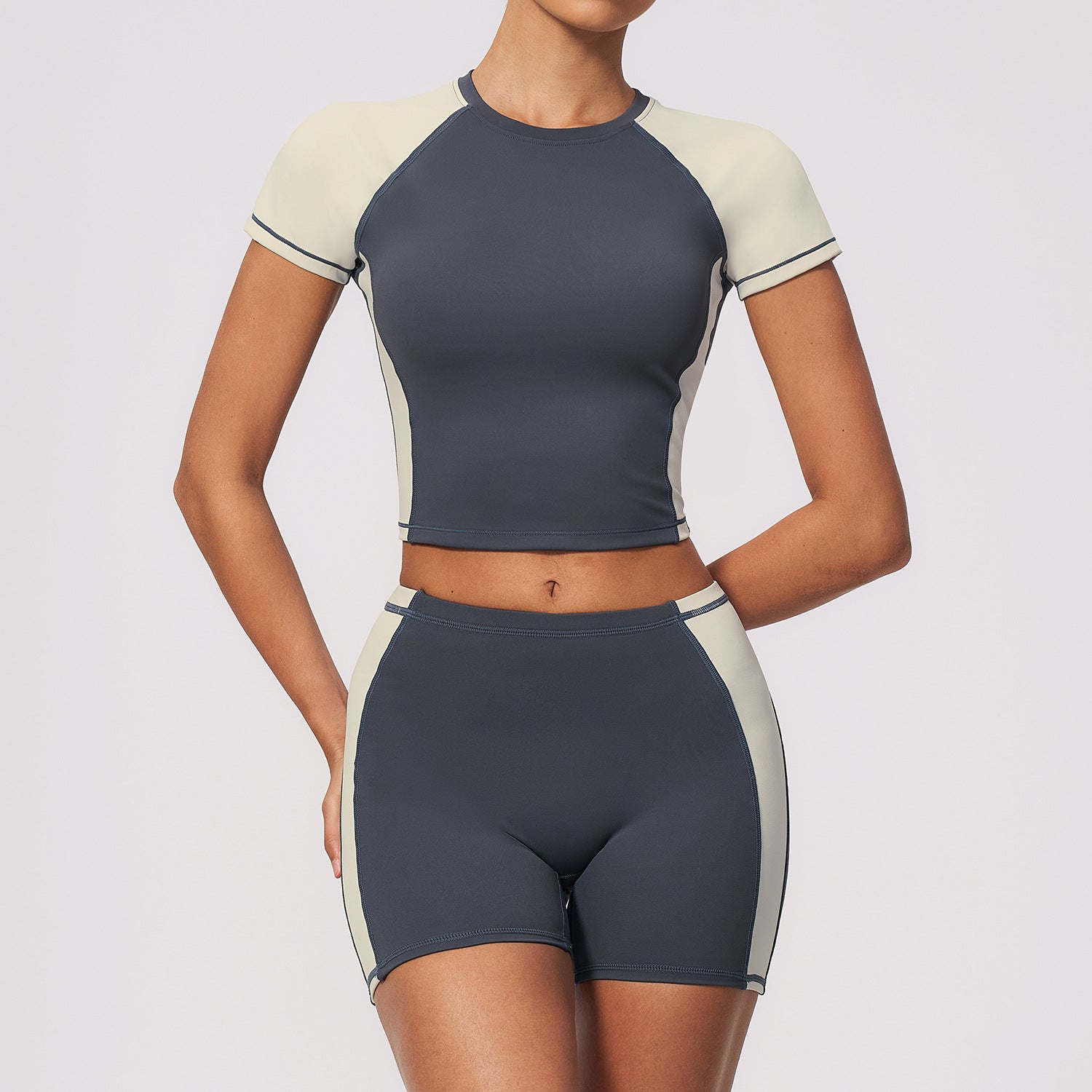 Summer New Women's Color Block Cropped Yoga Outfit, Pilates Training & Running Fitness Set