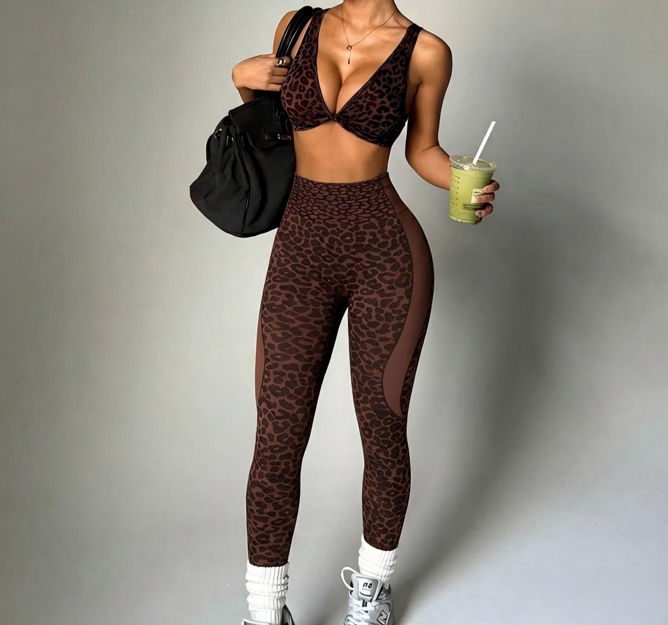 New leopard print yoga clothing underwear female kink beauty back fitness training outdoor running sports pantsuit
