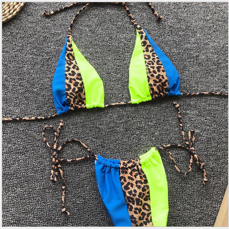 Ladies Split Swimsuit Simple Leopard Stitching Bandage Sexy Ladies Swimsuit Bikini 2 Colors