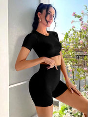 Seamless Yoga Wear Hollow Out Short Sleeve Hip Lifting Yoga Shorts Sports Suit 4 Colors