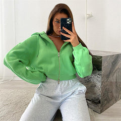 2023 spring and autumn new temperament cotton fashion casual sports cardigan high waist hooded short sweater 3 colors
