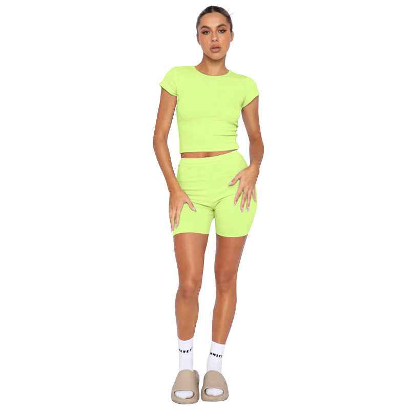 211295 solid color round neck short sleeve shorts set 7colors