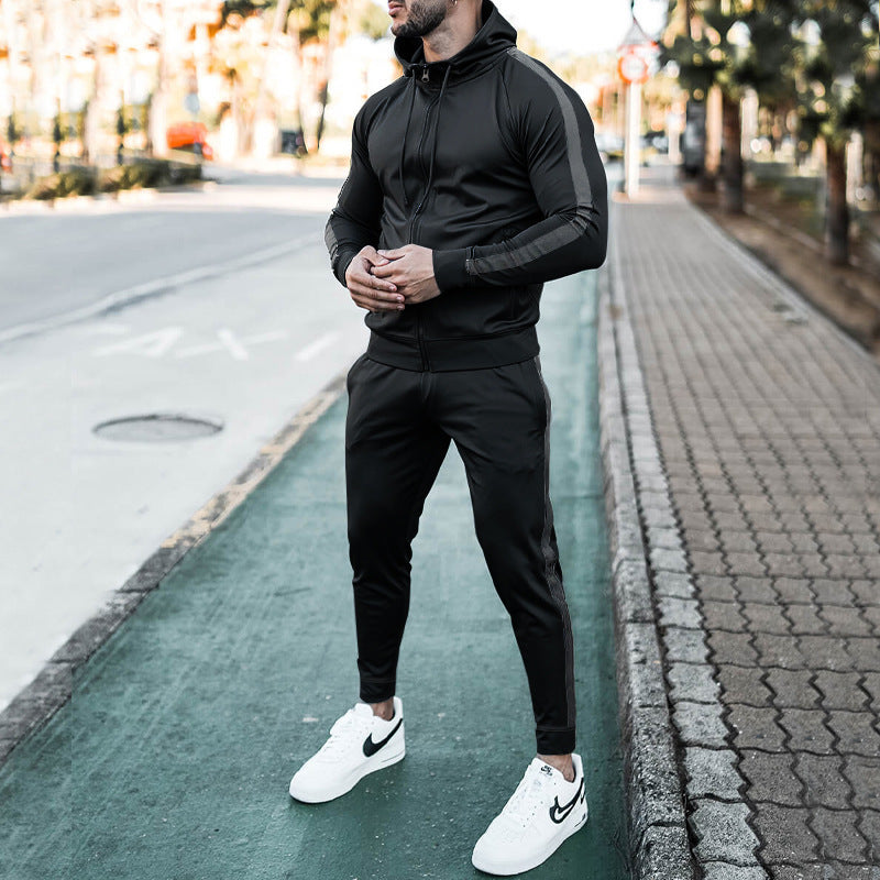 Men's casual sports suit color matching sweater trend fashion sports two-piece suit male 8 colors