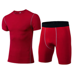 1003+1004 Men's PRO Tight Training Clothes Sports Fitness Suit Perspiration Quick-drying Short Sleeves + Shorts 6 Colors