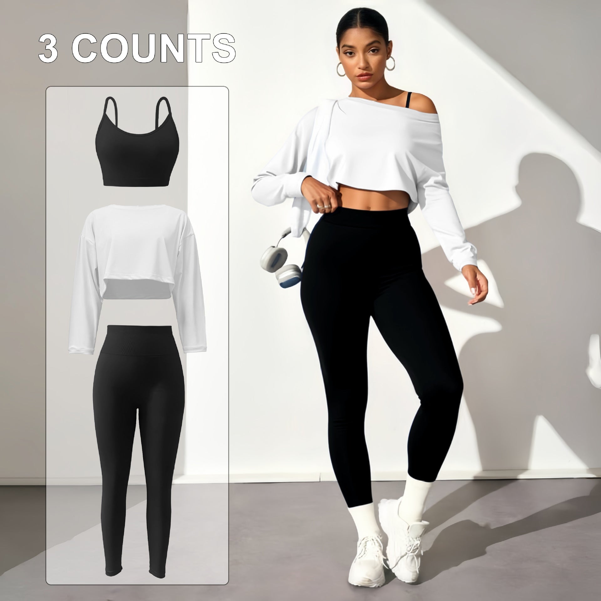Fashion yoga 3-piece seamless bra tight pants long sleeve top women's sports yoga suit