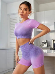 Yoga Suit Gradient Short Sleeve High Waist Hip Lifting Three Pants Women 4 Colors