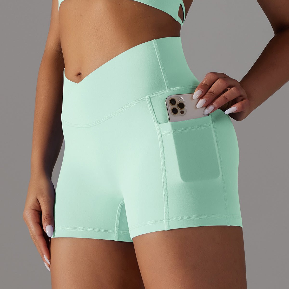 Reversible polyamide wool crossed V-waist pocket yoga shorts three-quarter pants 10colors