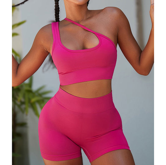 2pcs Fitness Yoga Set Sports Suit One Shoulder Sports Bra Tummy Control Biker Shorts 2 Colors