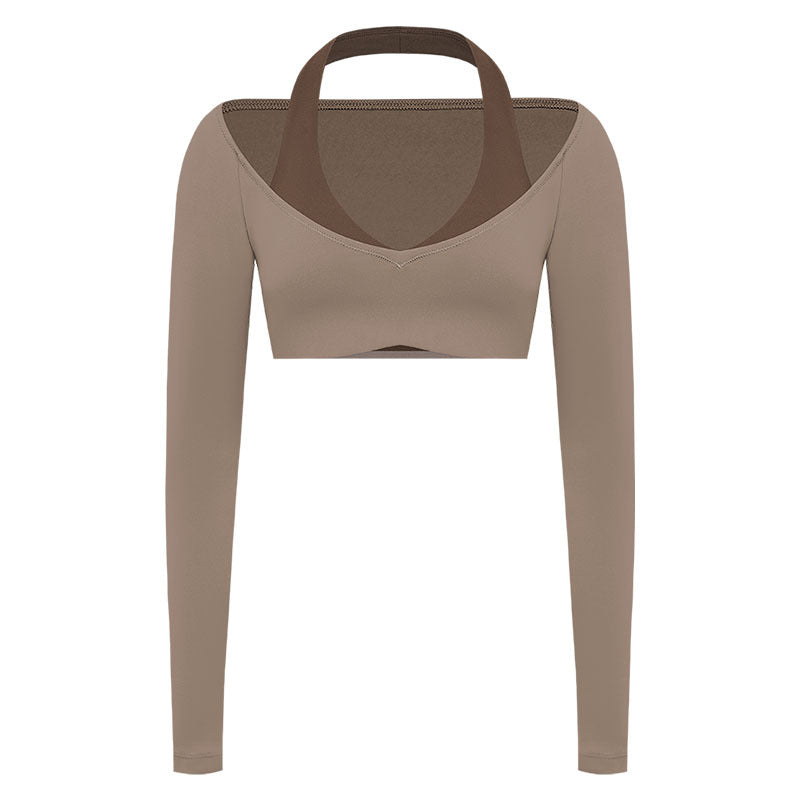 Long Sleeve Crop Top & Legging Set, Brushed Fabric Color Block Quick-DrySkinny Fitness Yoga Wear with Built-in Bra for Pilates & Workout1
