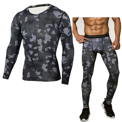 Long-sleeved t-shirt set tights fitness clothes men's sports super cool outdoor camouflage quick-drying sweatshirt 9 colors