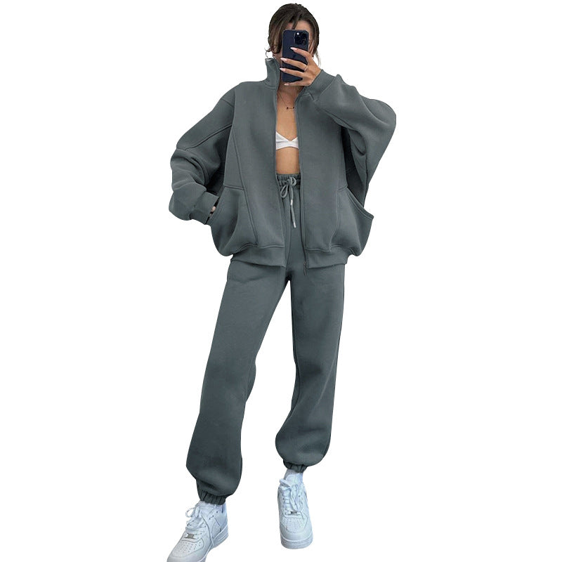 211340 Solid color stand collar cardigan long sleeve hoodie pant suit 5colors