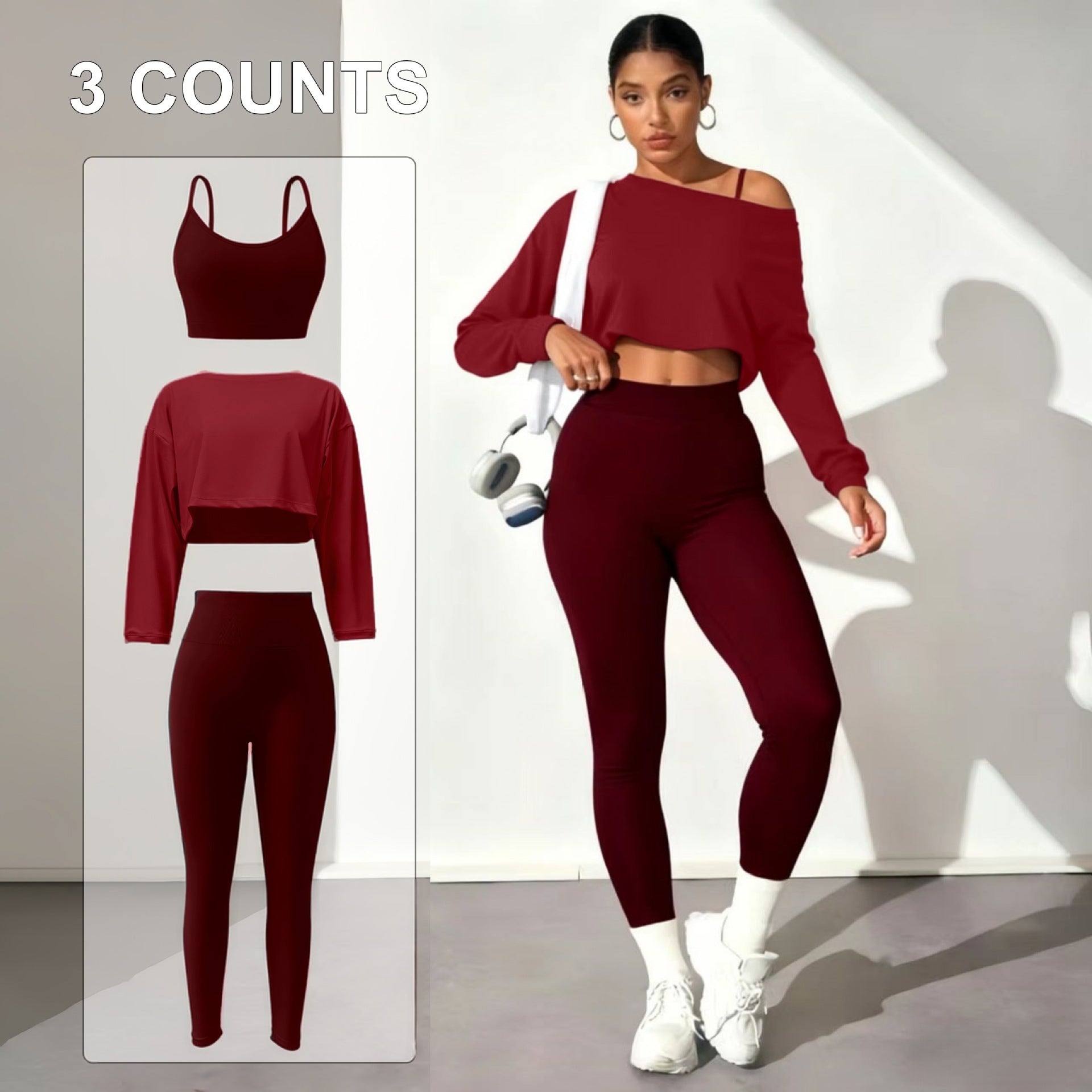 Fashion yoga 3-piece seamless bra tight pants long sleeve top women's sports yoga suit