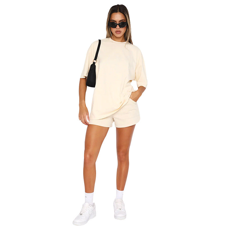 211299 new solid color round neck set with mid-sleeve casual shorts 6colors