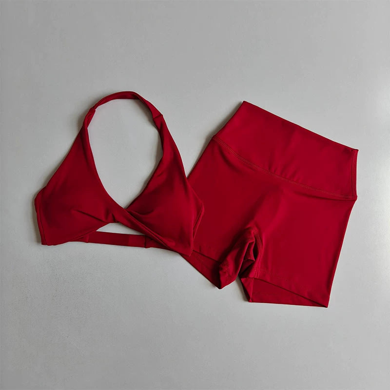 Sexy Yoga Set, Skin-friendly & Breathable Backless Halter Sports Crop Top & Slim-fit Shorts, Gym Training Activewear