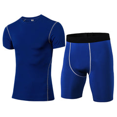 1003+1004 Men's PRO Tight Training Clothes Sports Fitness Suit Perspiration Quick-drying Short Sleeves + Shorts 6 Colors