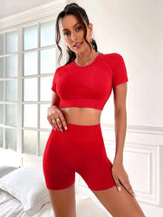 Seamless Yoga Wear Hollow Out Short Sleeve Hip Lifting Yoga Shorts Sports Suit 4 Colors