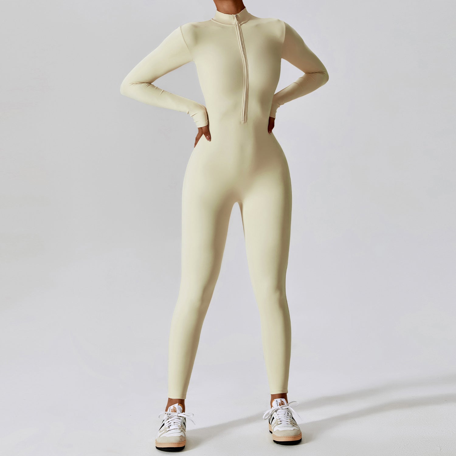 Zipper nude long sleeve yoga jumpsuit 8306