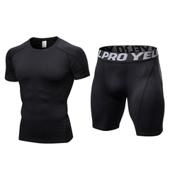 1054+1053 men's fitness suit perspiration quick-drying training short-sleeved tight running shorts sports two-piece set 14 colors