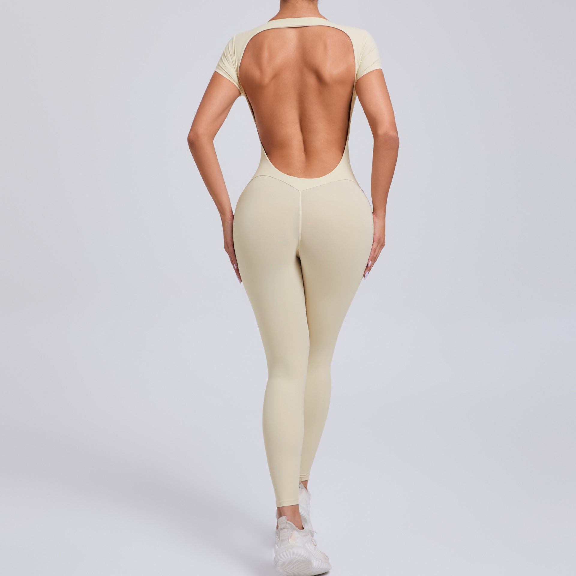 Short sleeve backless hip lift yoga jumpsuit 89071