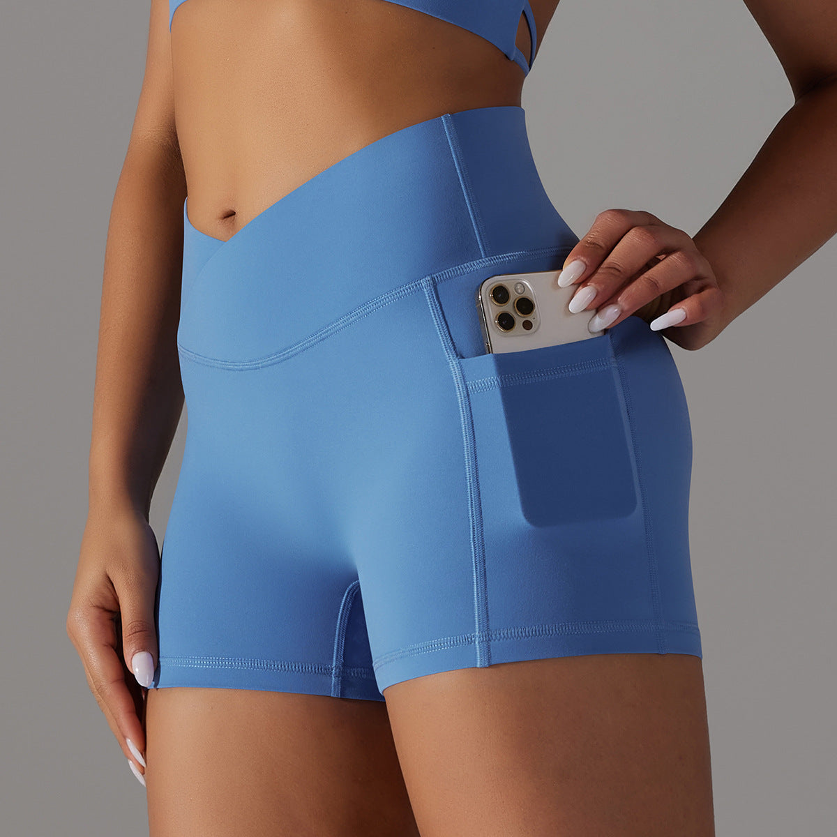 Reversible polyamide wool crossed V-waist pocket yoga shorts three-quarter pants 10colors