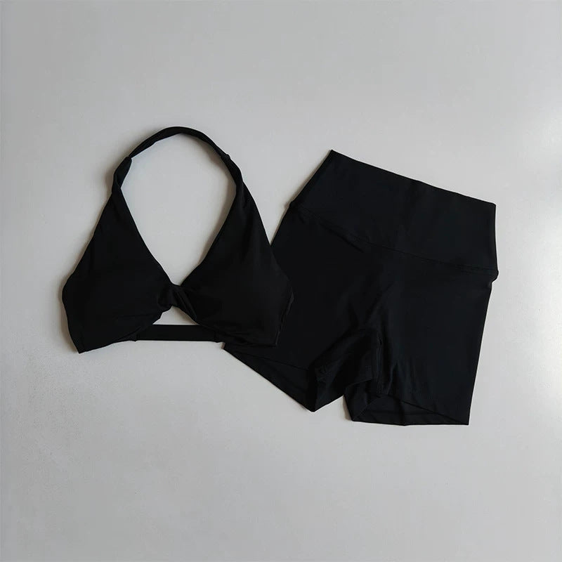 Sexy Yoga Set, Skin-friendly & Breathable Backless Halter Sports Crop Top & Slim-fit Shorts, Gym Training Activewear