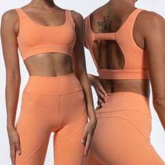 Tight solid color hollow design sports bra high waist nude fitness pants yoga suit 5 colors