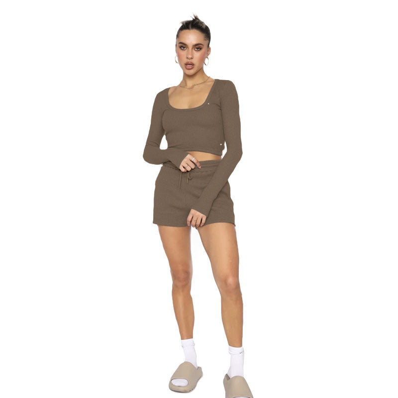 211277 Waffle solid color U-neck long sleeve short fashion casual shorts set  7 colors