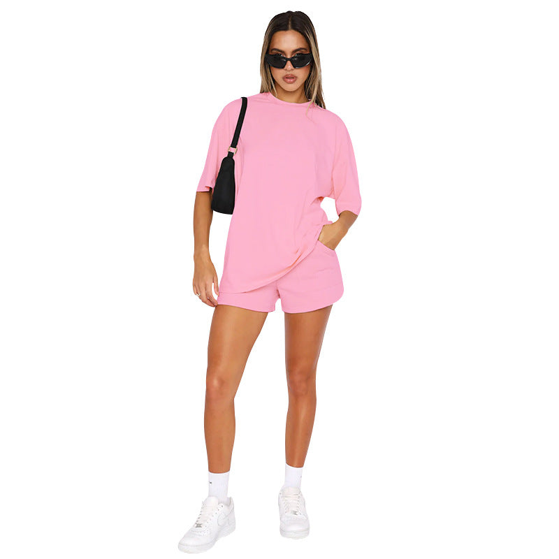 211299 new solid color round neck set with mid-sleeve casual shorts 6colors