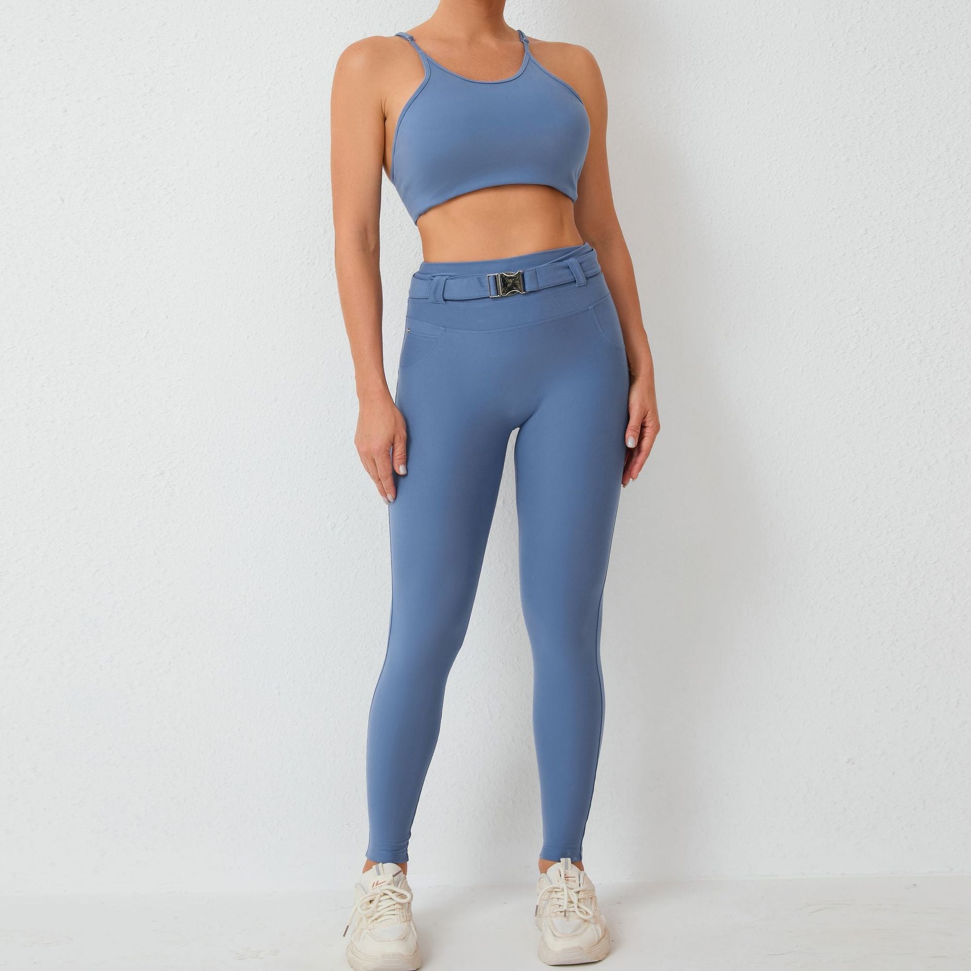 Imitation denim pocket tight adjustable waist with belt sports two-piece set 5colors