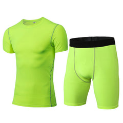 1003+1004 Men's PRO Tight Training Clothes Sports Fitness Suit Perspiration Quick-drying Short Sleeves + Shorts 6 Colors