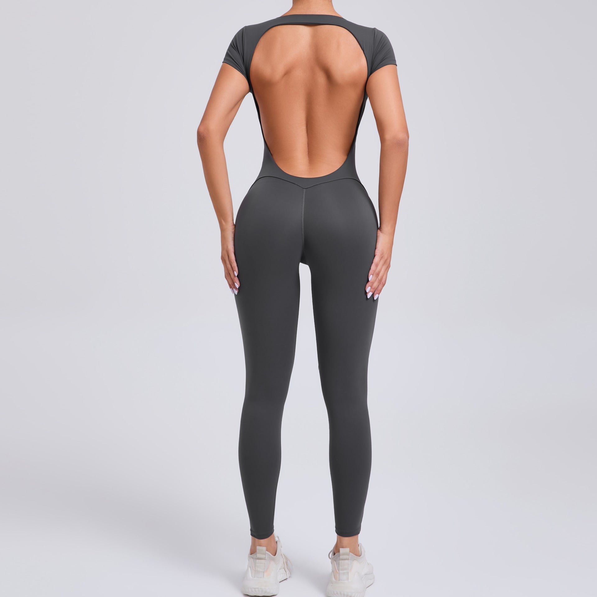 Short sleeve backless hip lift yoga jumpsuit 89071