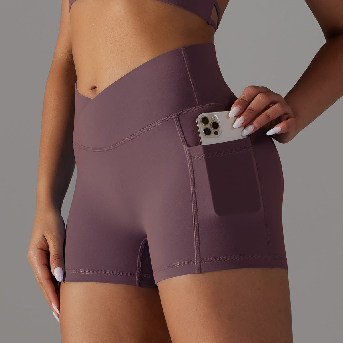 Reversible polyamide wool crossed V-waist pocket yoga shorts three-quarter pants 10colors